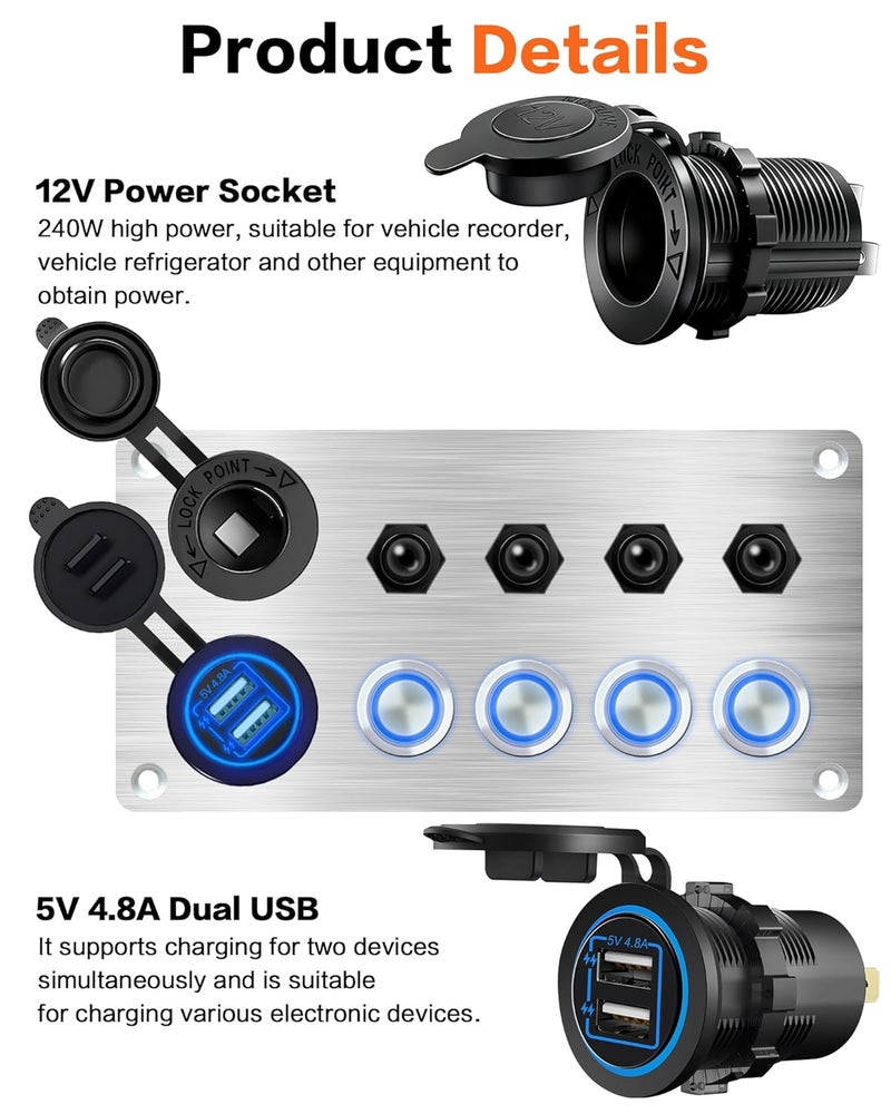 IZTOSS 4 Gang Aluminum Push Button Switch Panel with 5V/4.8 Dual USB Socket Outlet Circuit Breaker for Marine RV Boat Caravan Yacht - Image 5